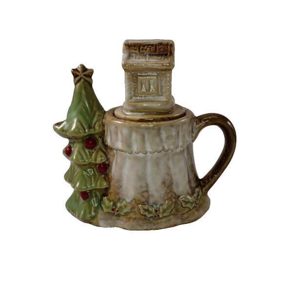 VTG Christmas Mini Teapot Glazed Ceramic Tree Star Candle Holly House 5" x 4.5" - Picture 3 of 10